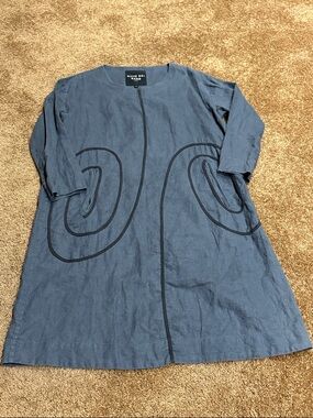 Bitte Kai Rand Lagnlook Blue Linen Swing Dress with Black Trim Detail Xs